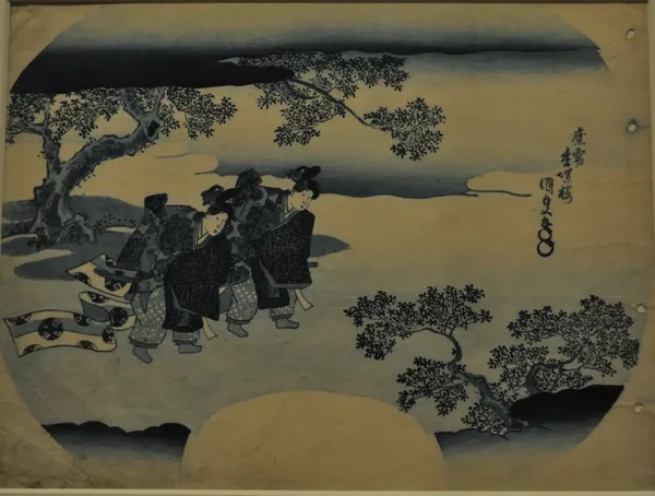 Fan print with two bugaku dancers